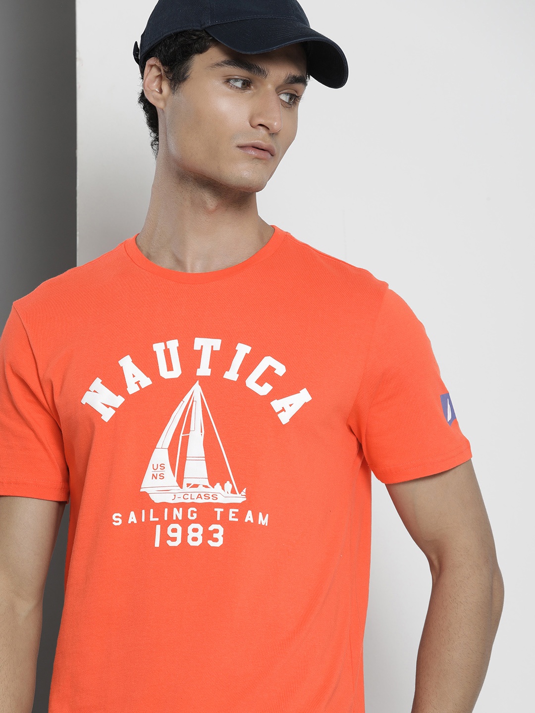 

Nautica Men Brand Logo Print Round Neck Pure Cotton T-shirt, Orange