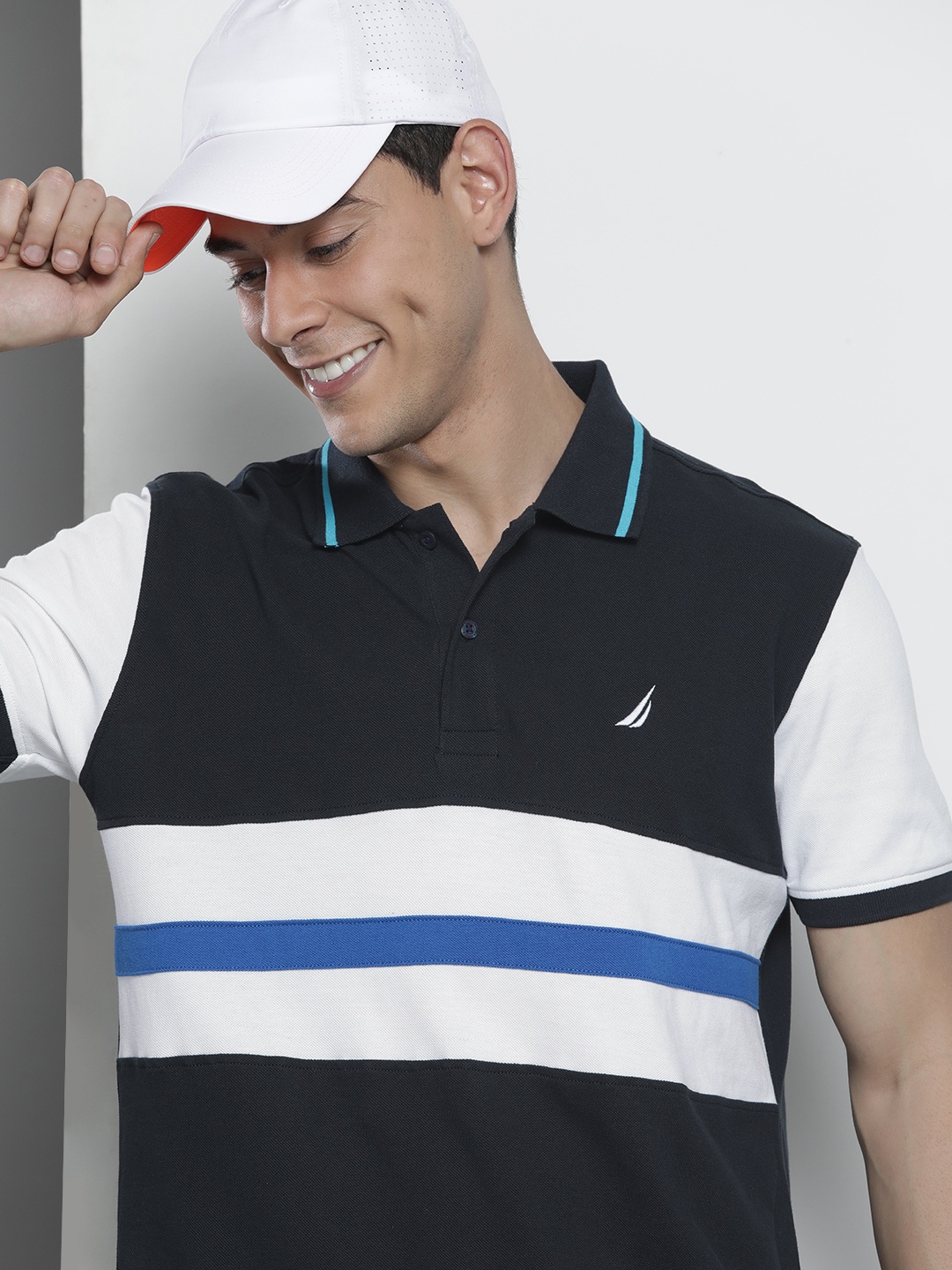 

Nautica Men Navy Blue & White Colourblocked Polo Collar Pure Cotton Slim Fit T-shirt