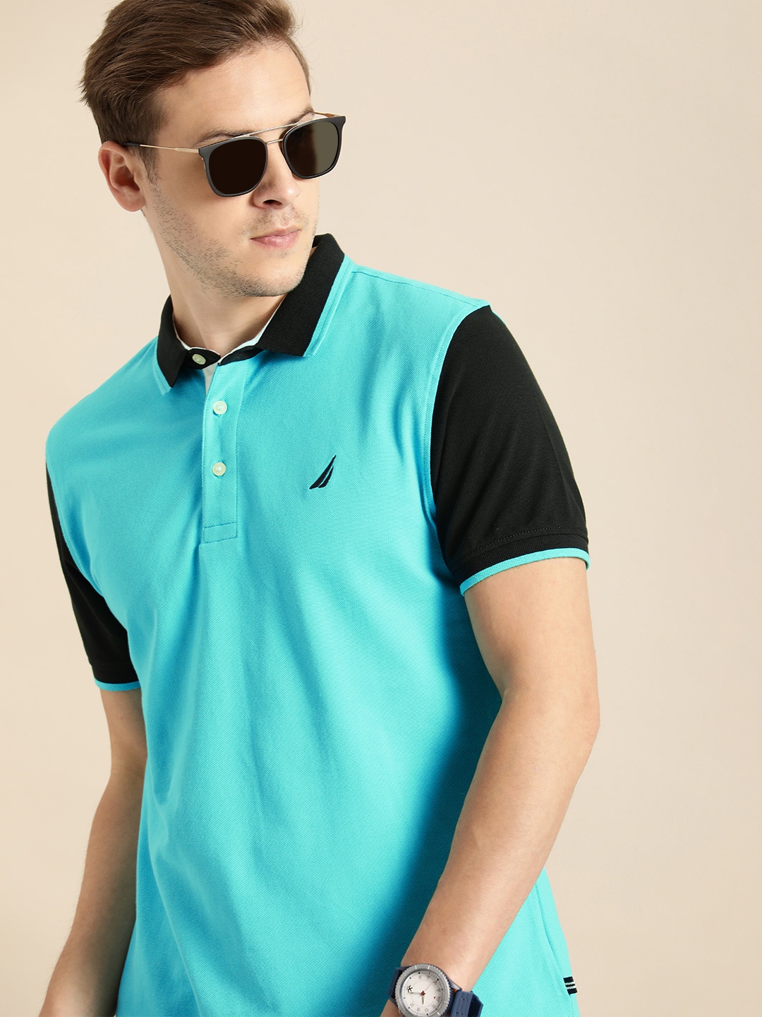 

Nautica Men Turquoise Blue Contrast Sleeves Polo Collar Pure Cotton T-shirt