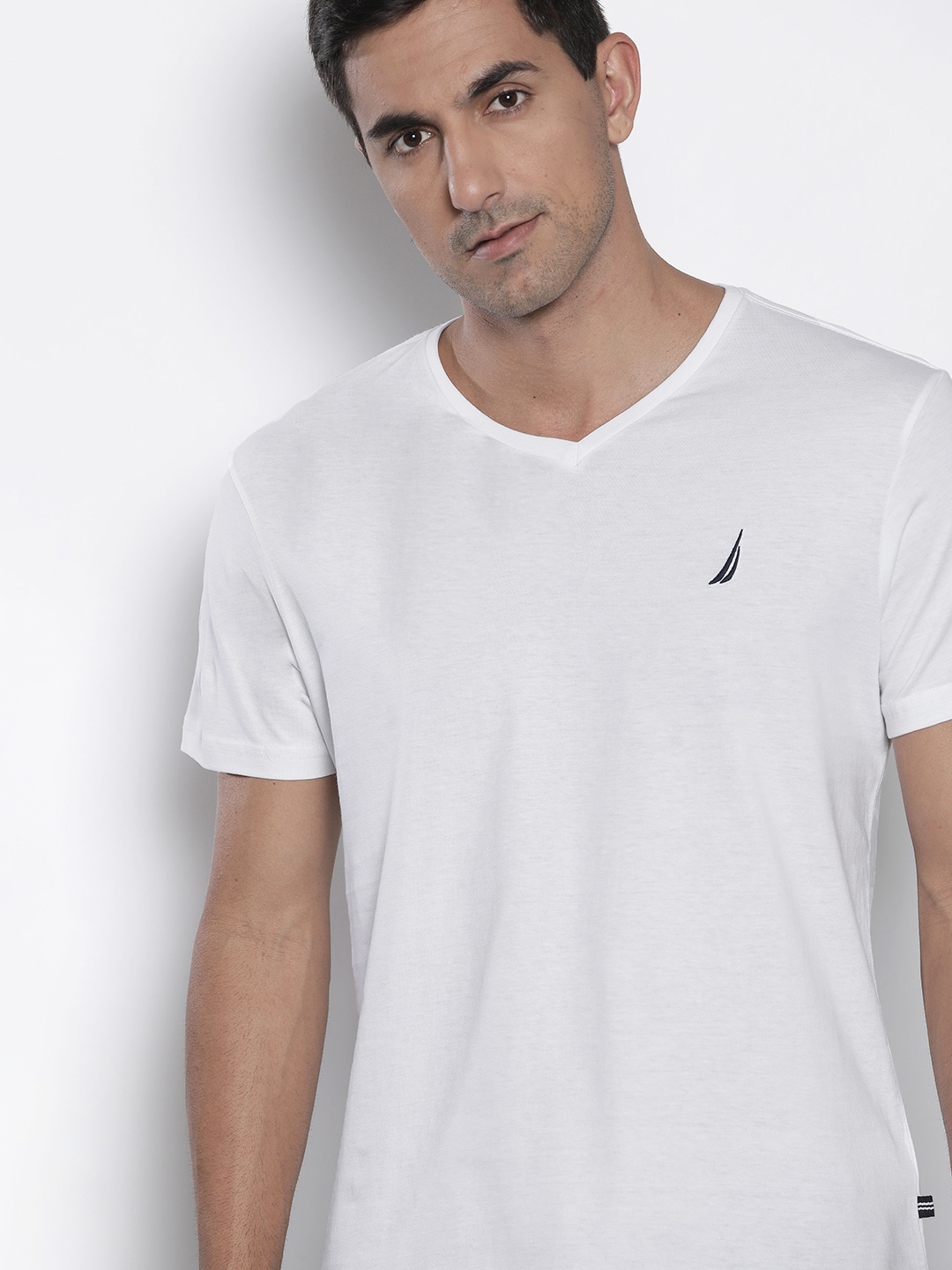 

Nautica Men White V-Neck Pure Cotton Slim Fit T-shirt