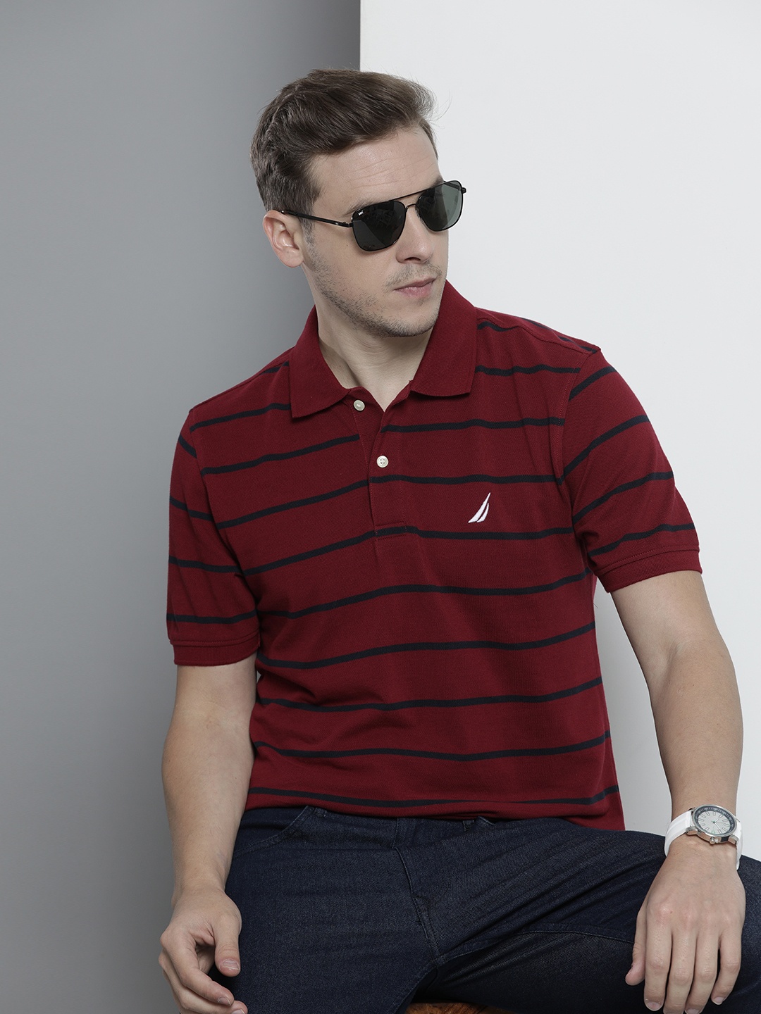

Nautica Men Maroon & Navy Blue Striped Polo Collar Pure Cotton Slim Fit T-shirt