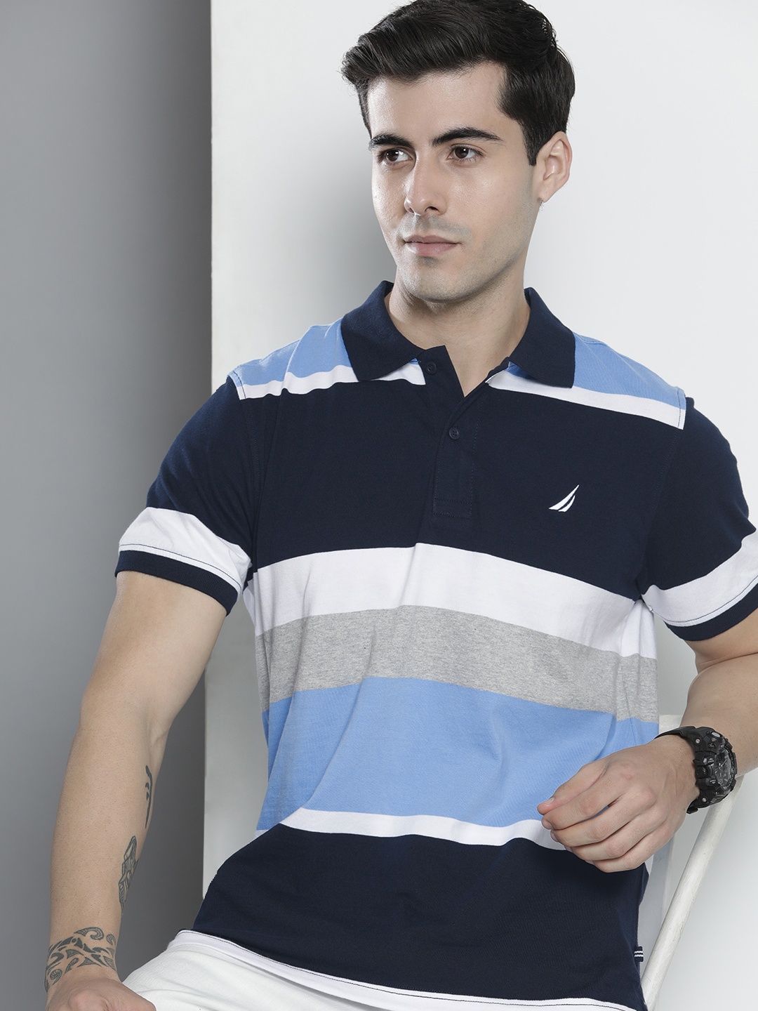

Nautica Men Navy Blue & Blue Pure Cotton Striped Polo Collar T-shirt