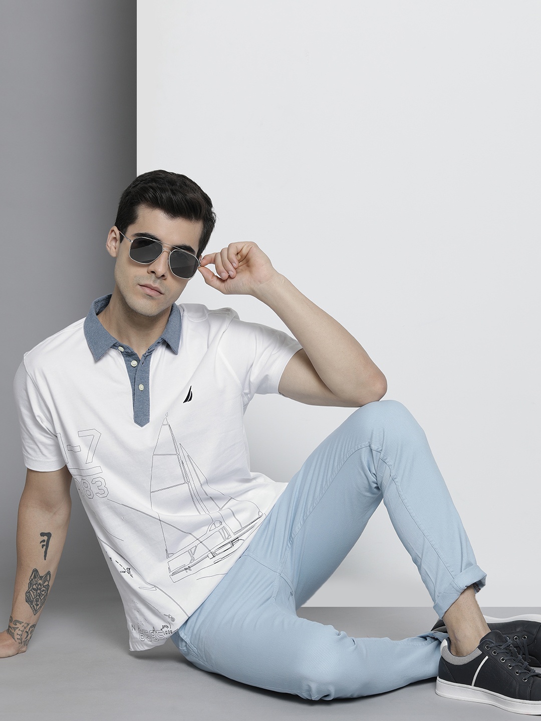 

Nautica Men White & Black Printed Polo Collar Slim Fit Pure Cotton T-shirt