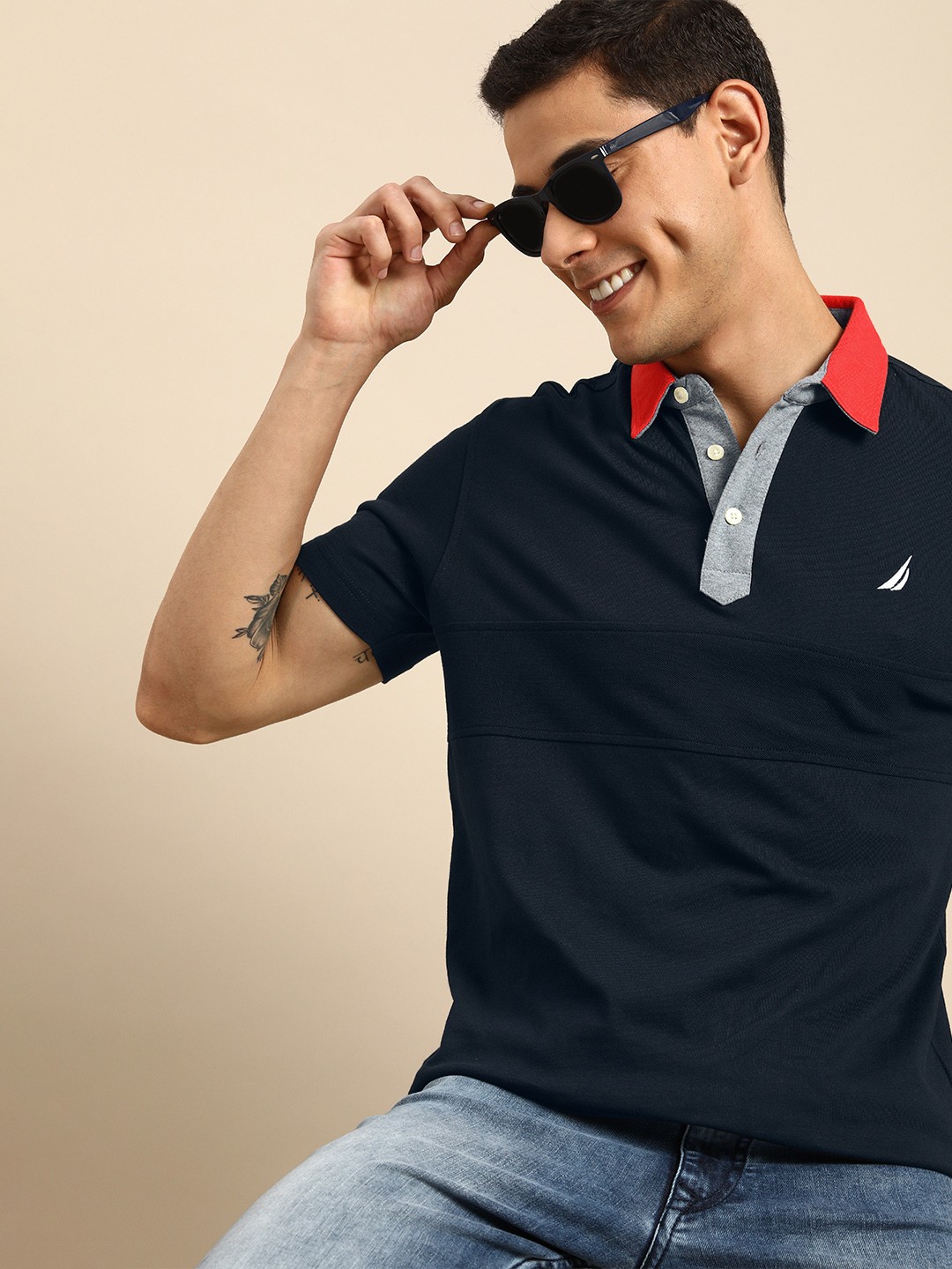 

Nautica Men Navy Blue Solid Pure Cotton Polo Collar T-shirt