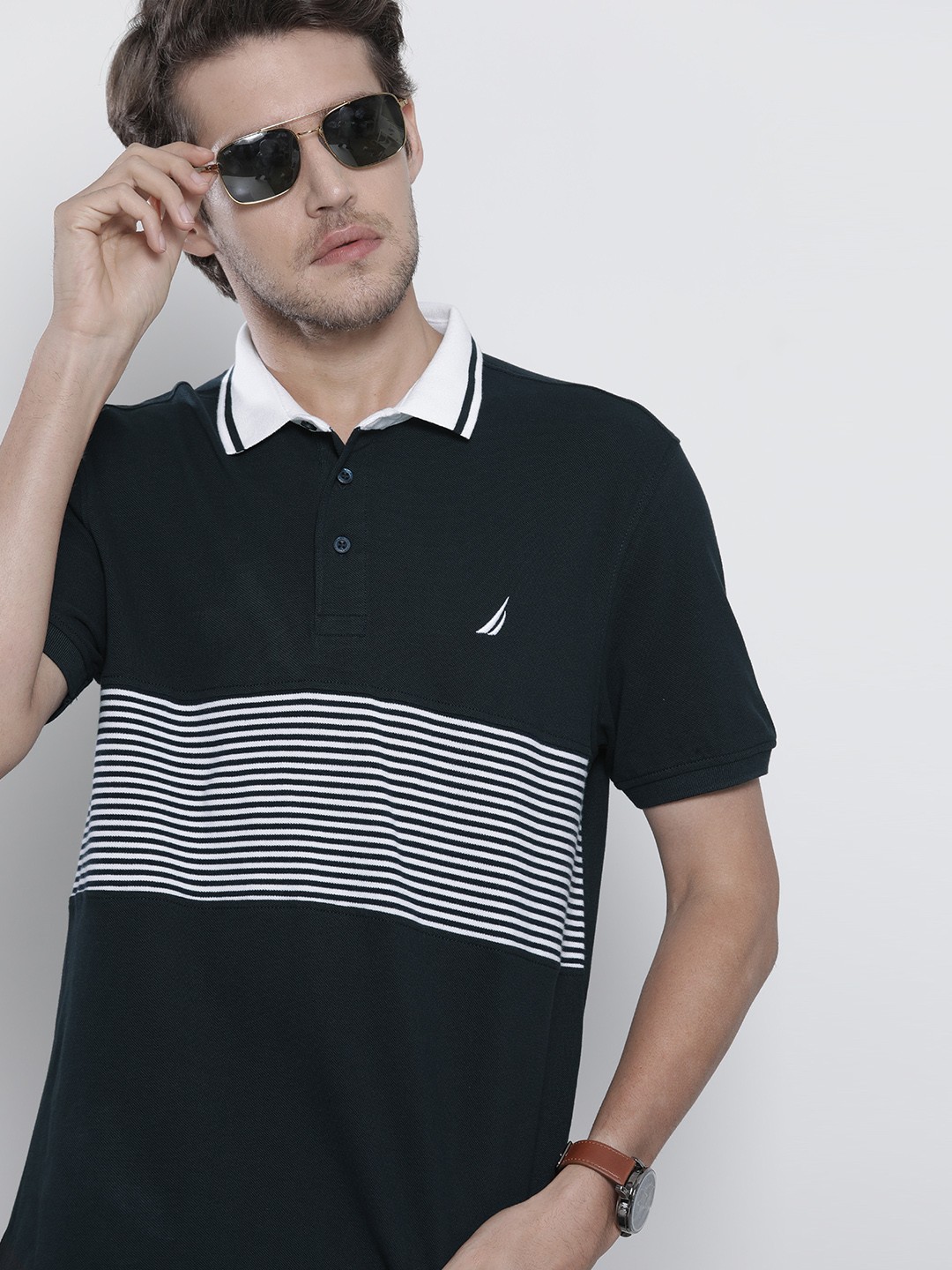 

Nautica Men Navy Blue & White Stripe Printed Polo Collar Pure Cotton T-shirt
