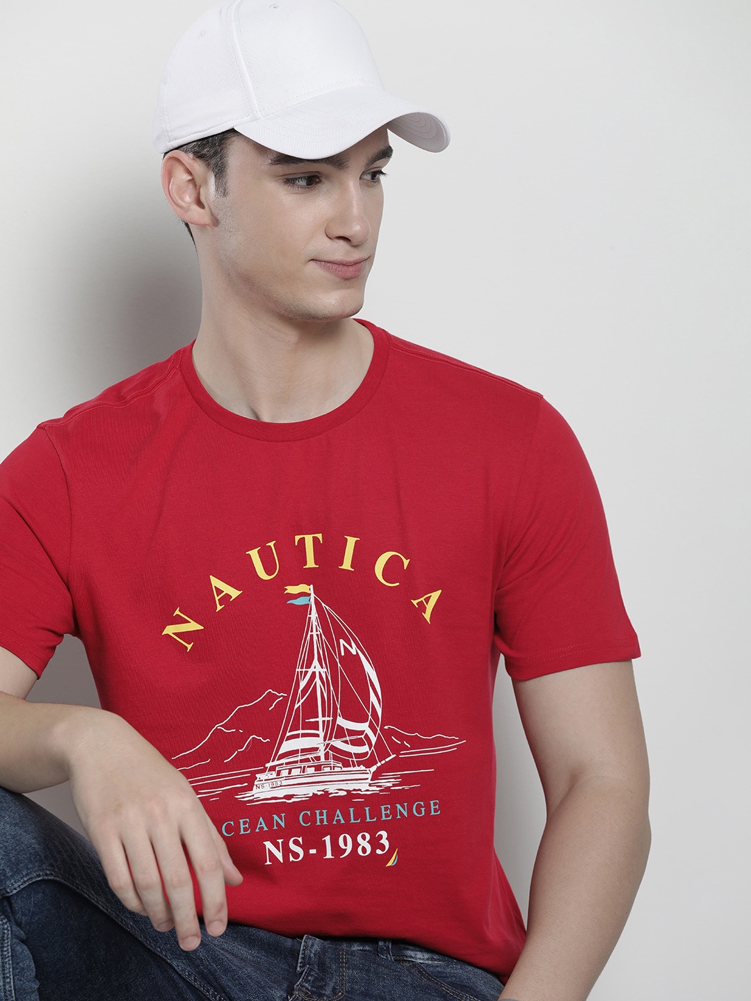 

Nautica Men Printed Pure Cotton T-shirt, Red