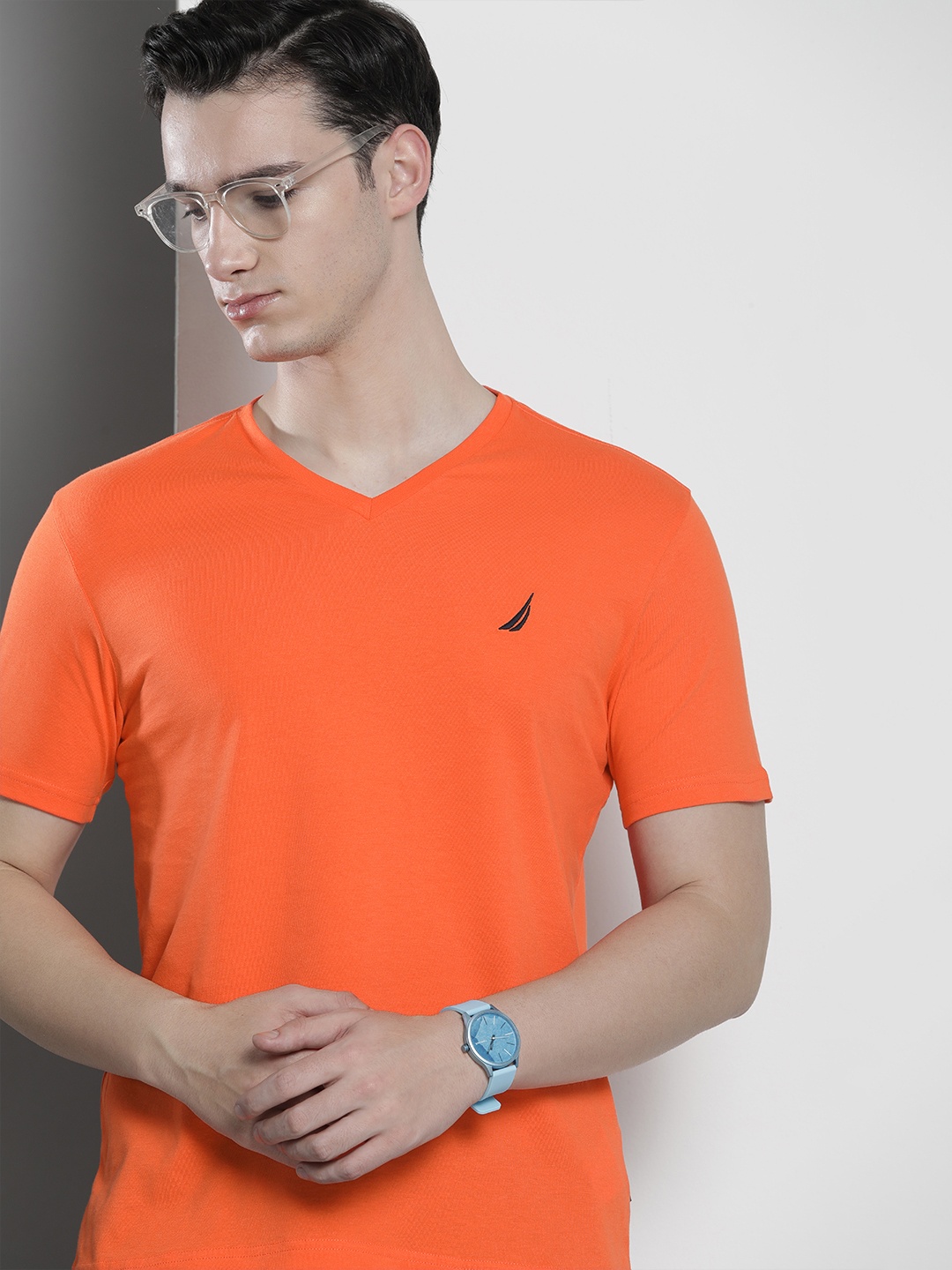 

Nautica Men Brand Logo V-Neck Pure Cotton Slim Fit T-shirt, Orange