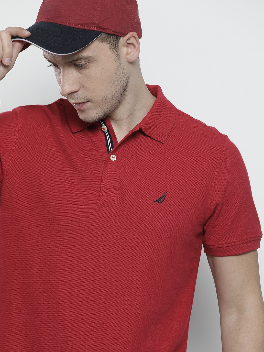 

Nautica Men Red Solid Polo Collar Pure Cotton Slim Fit T-shirt