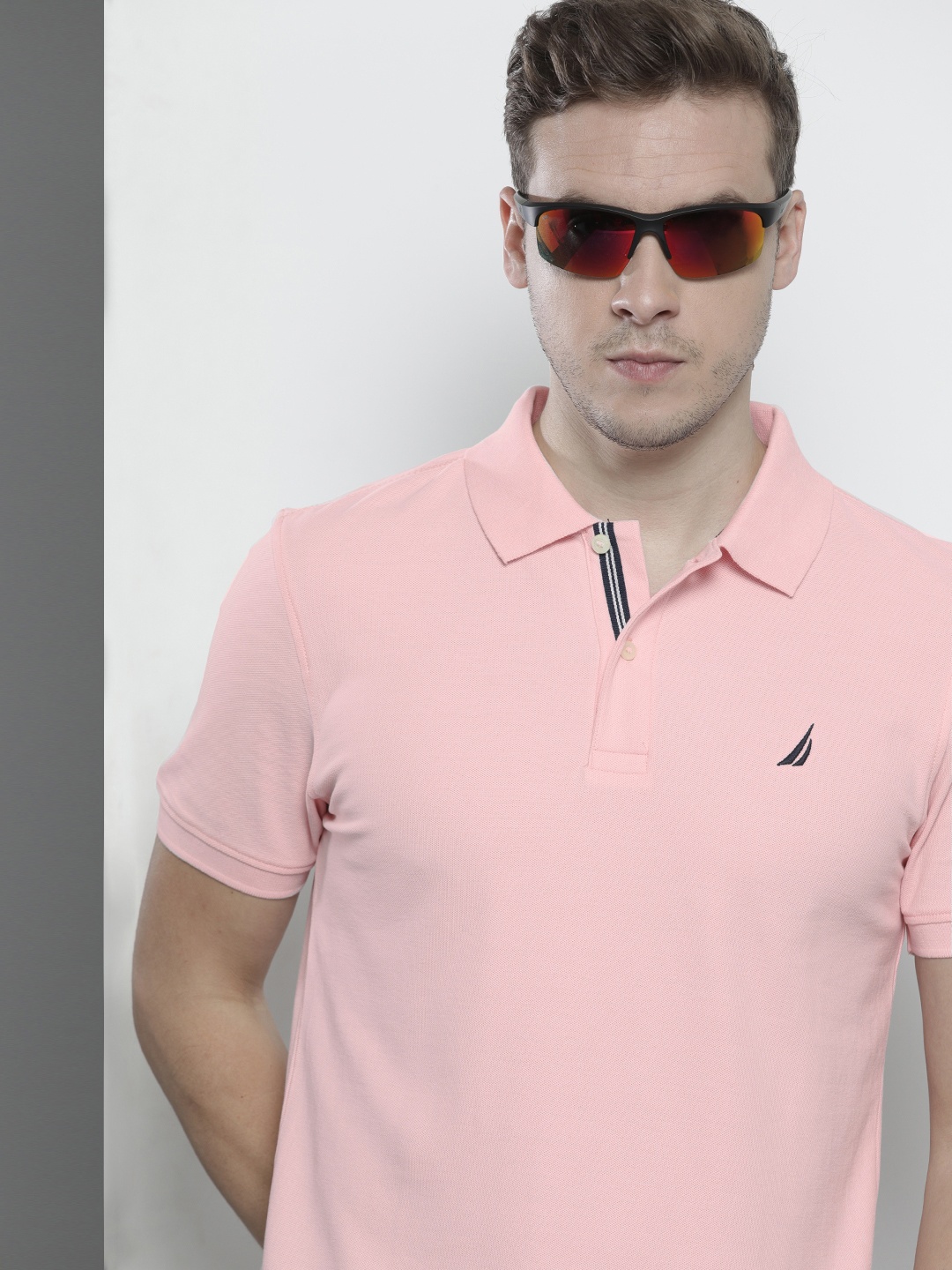 

Nautica Men Peach-Coloured Solid Polo Collar Pure Cotton Slim Fit T-shirt