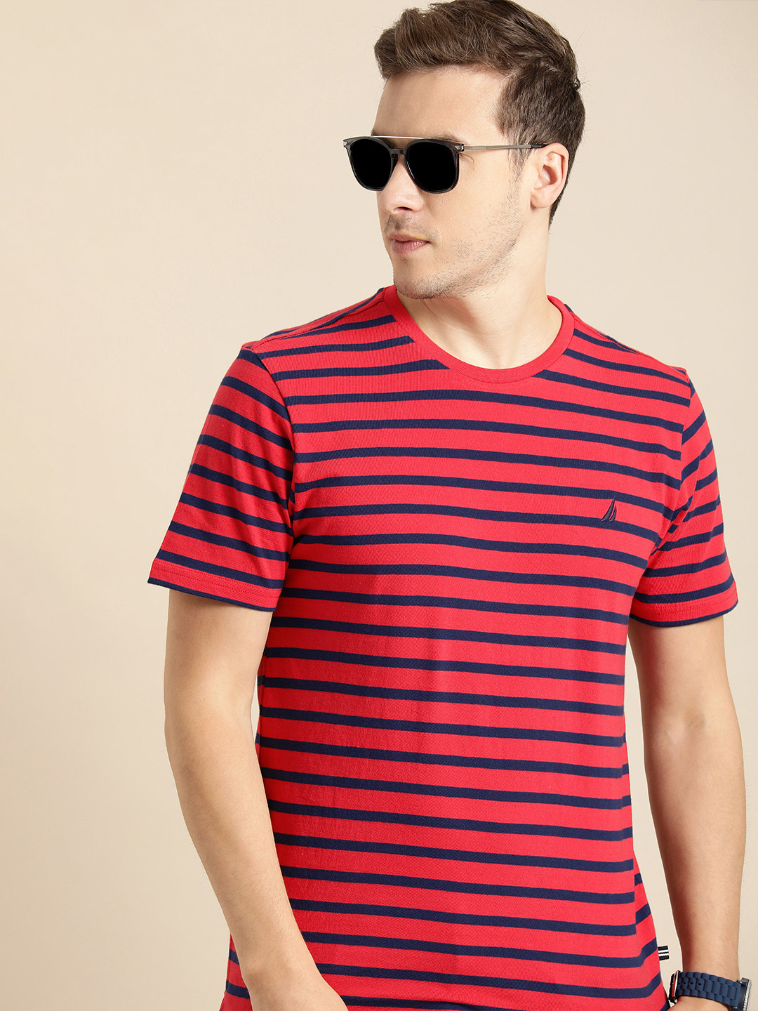 

Nautica Men Red & Navy Blue Striped Pure Cotton Slim Fit T-shirt