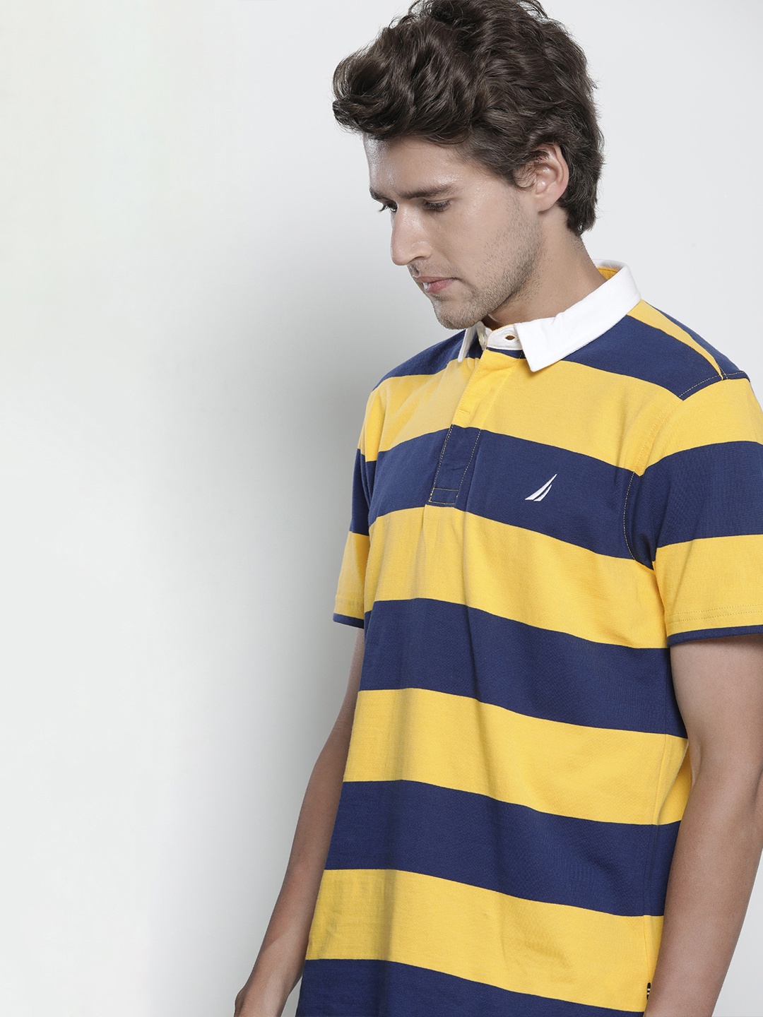 

Nautica Men Navy Blue & Yellow Block Stripes Polo Collar Pure Cotton T-shirt