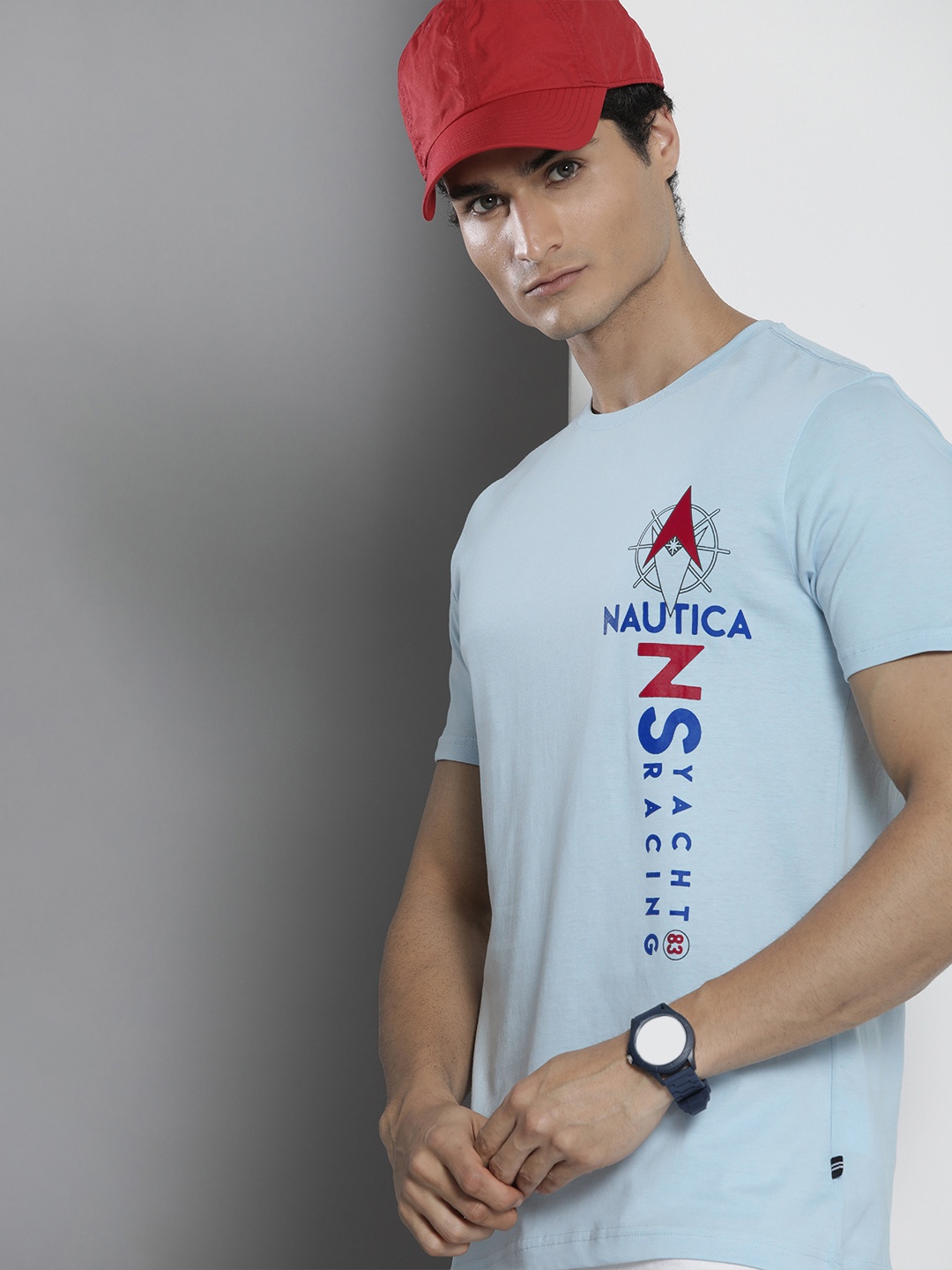 

Nautica Men Brand Logo Printed Pure Cotton T-shirt, Blue
