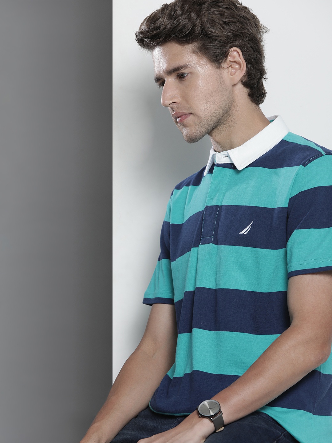 

Nautica Men Turquoise Blue Striped Polo Collar Pure Cotton T-shirt