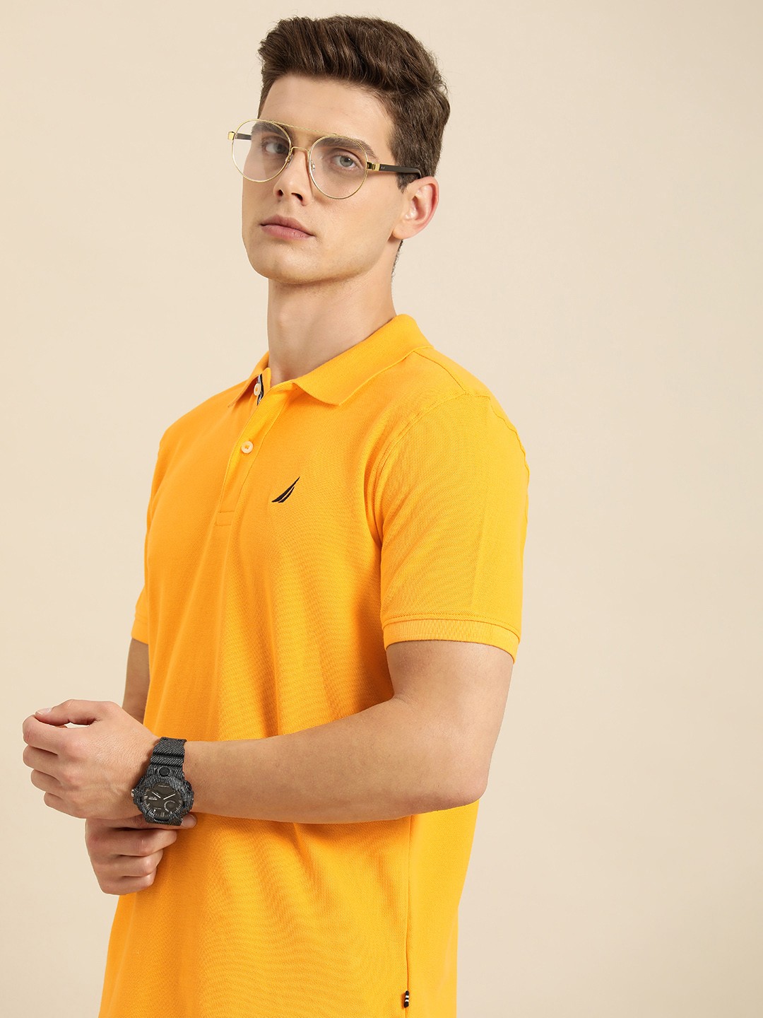 

Nautica Men Yellow Solid Pure Cotton Slim Fit T-shirt