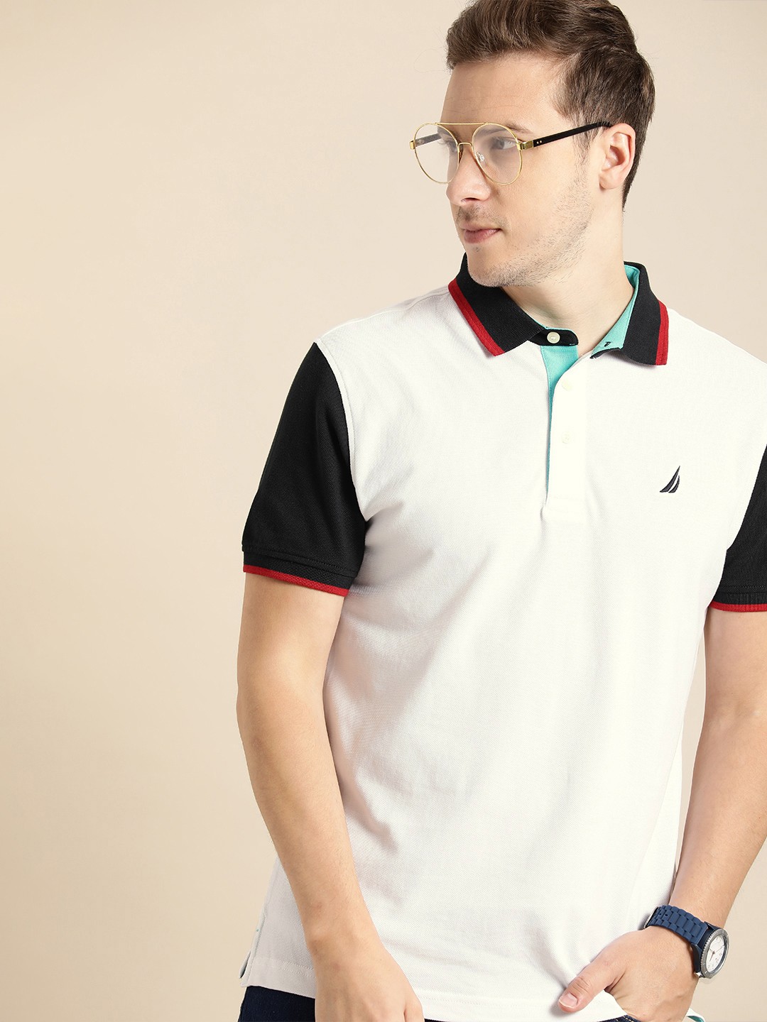 

Nautica Men White & Navy Blue Solid Contrast Polo Collar Embroidered Pure Cotton T-shirt