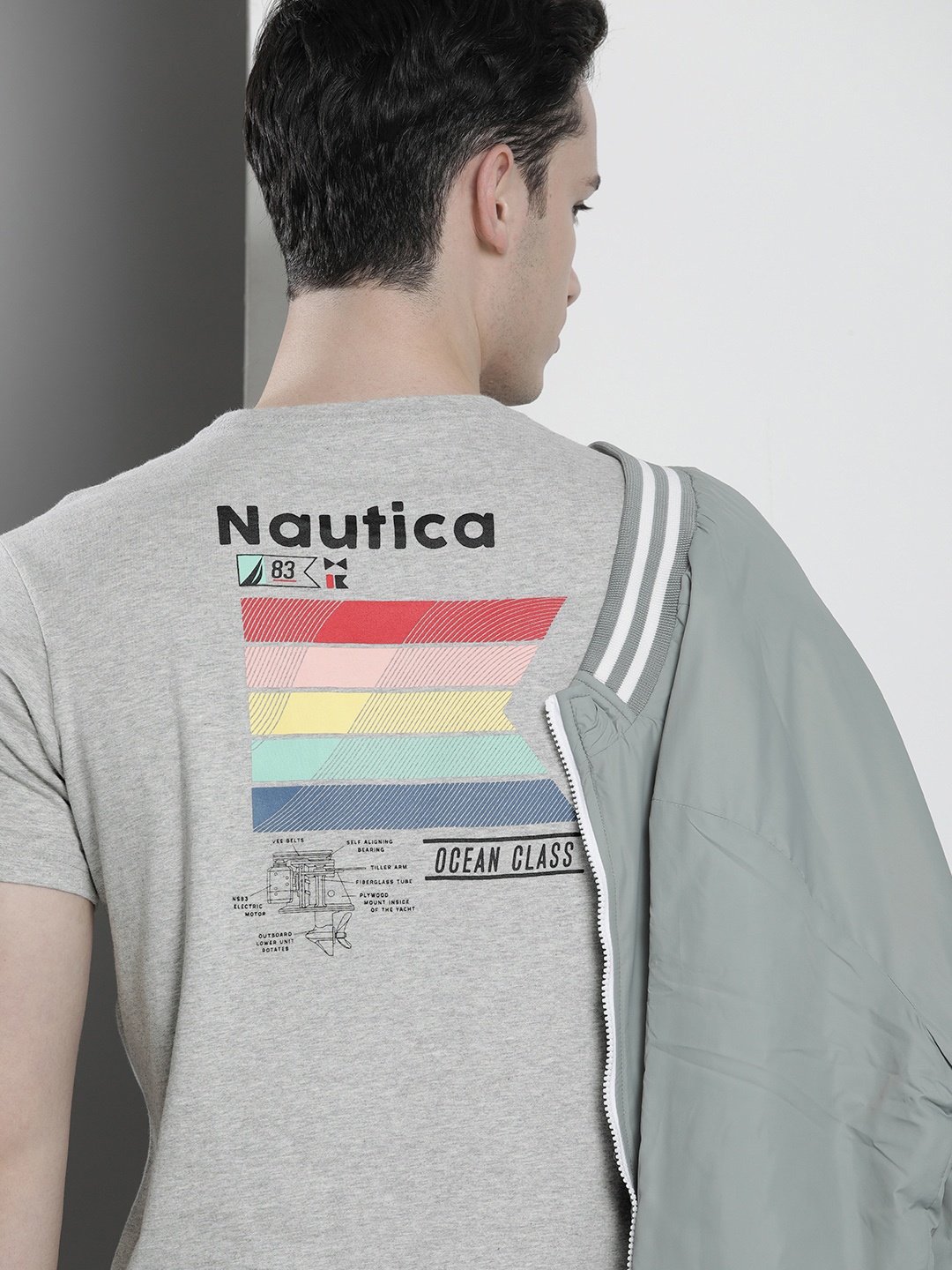 

Nautica Men Brand Logo Striped Pure Cotton T-shirt, Grey