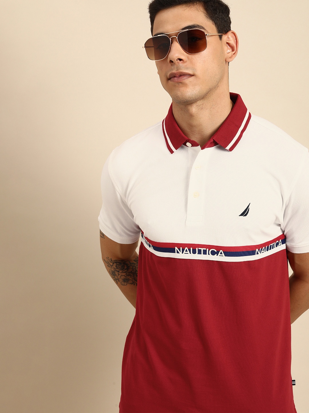 

Nautica Men Red & White Colourblocked Polo Collar Embroidered T-shirt