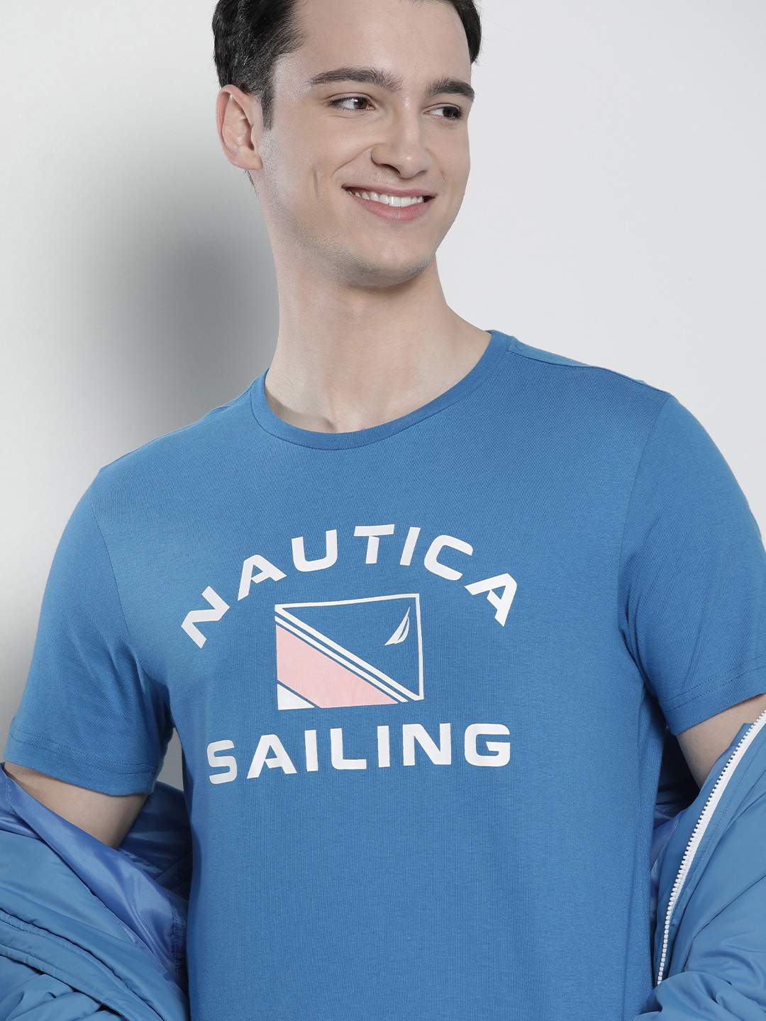 

Nautica Men Brand Logo Printed Pure Cotton T-shirt, Blue