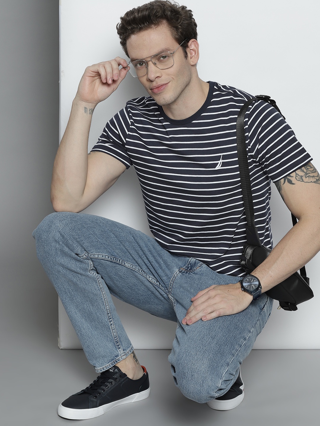 

Nautica Men Navy Blue & White Striped Round Neck Pure Cotton Slim Fit T-shirt