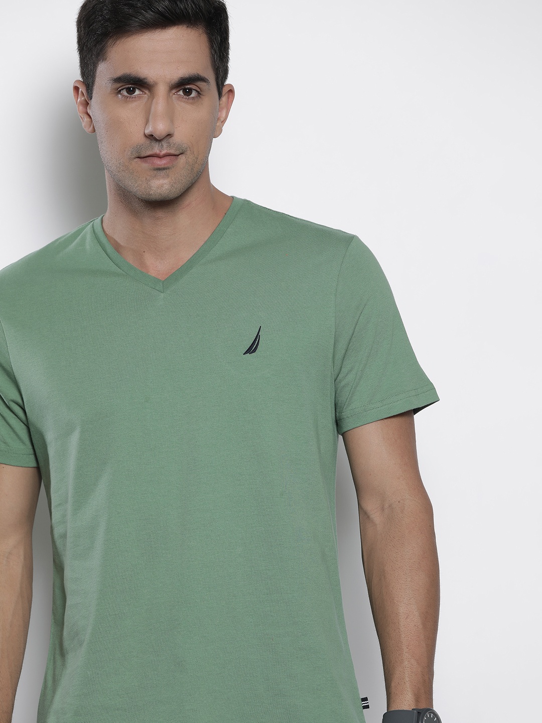 

Nautica Men Olive Green V-Neck Pure Cotton Slim Fit T-shirt
