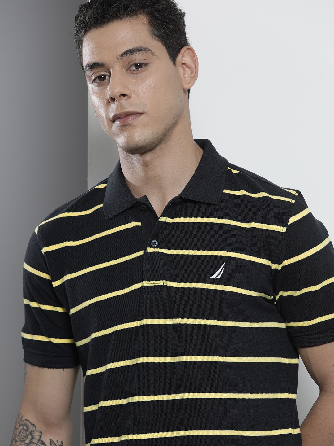 

Nautica Men Navy Blue & Yellow Striped Polo Collar Pure Cotton T-shirt