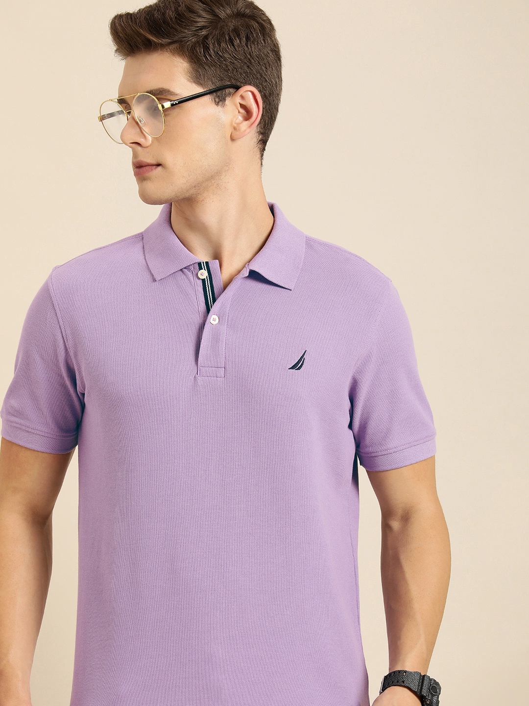

Nautica Men Lavender Solid Pure Cotton Slim Fit T-shirt
