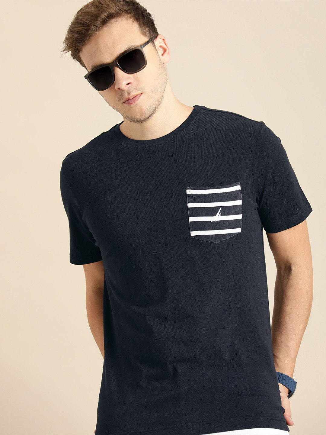 

Nautica Men Navy Blue Solid Round Neck Pure Cotton T-shirt with Pocket Detail