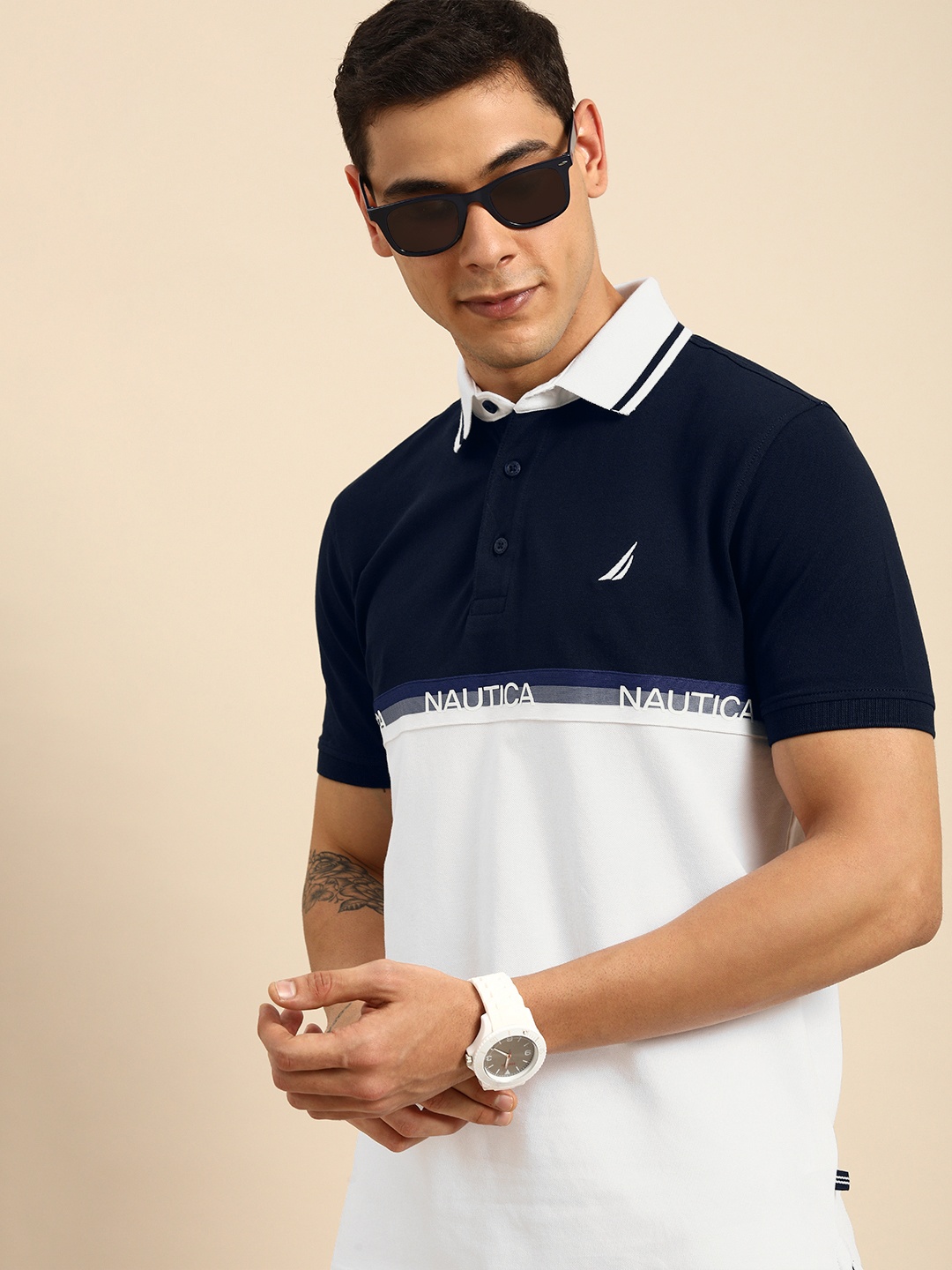 

Nautica Men White & Navy Blue Colourblocked Polo Collar T-shirt