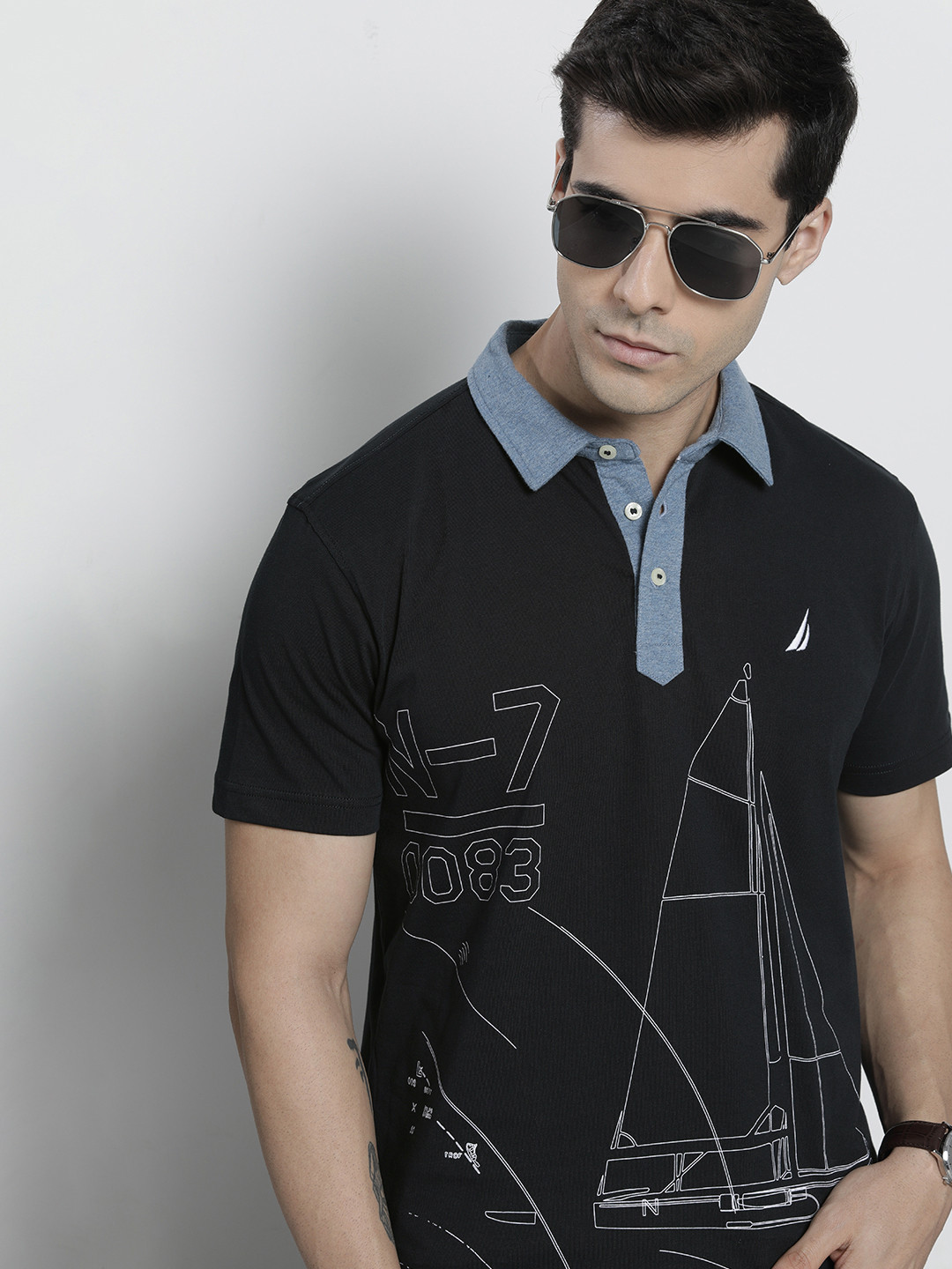 

Nautica Men Black Printed Polo Collar Slim Fit Pure Cotton T-shirt
