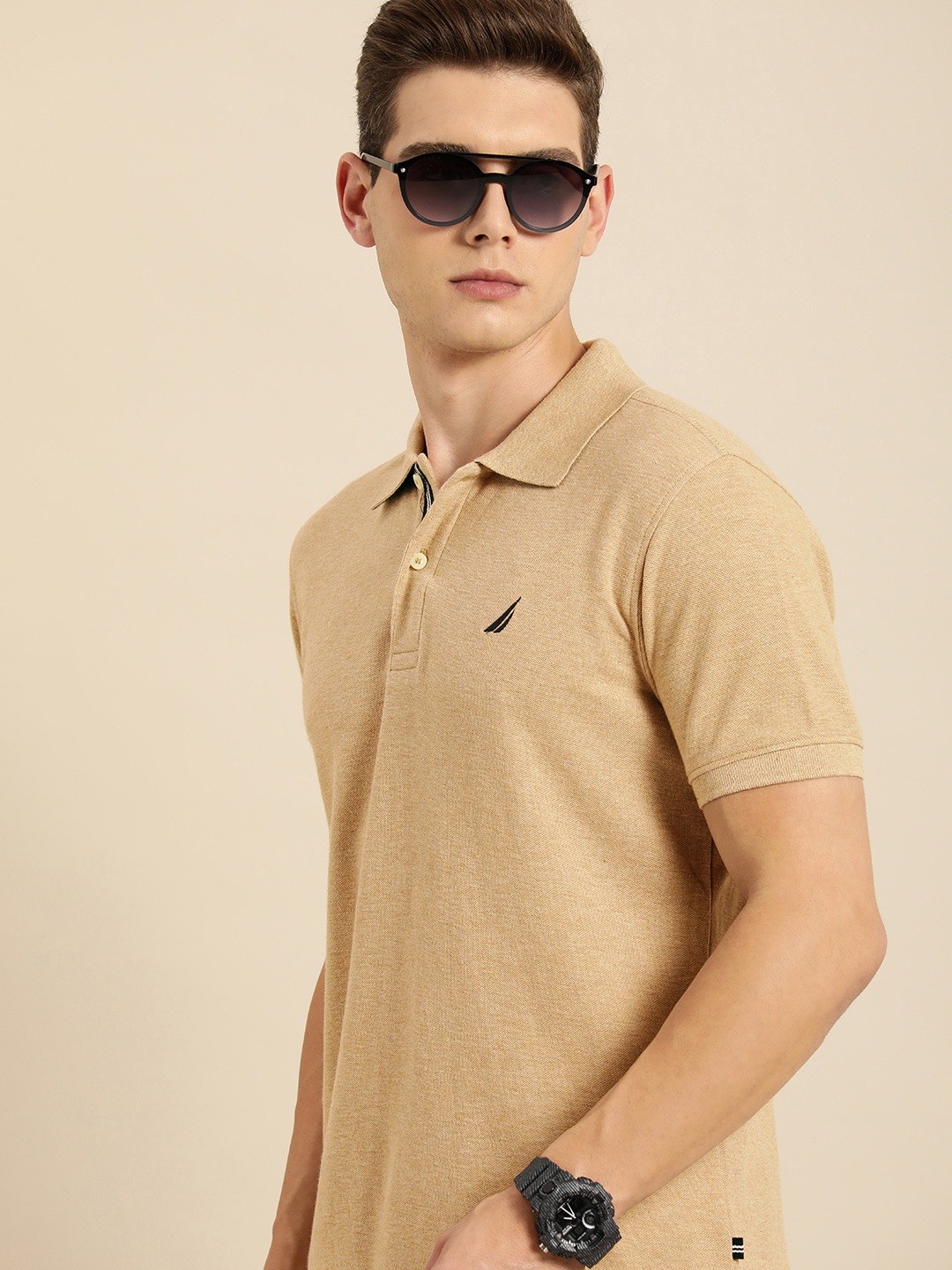 

Nautica Men Brown Solid Pure Cotton Slim Fit T-shirt