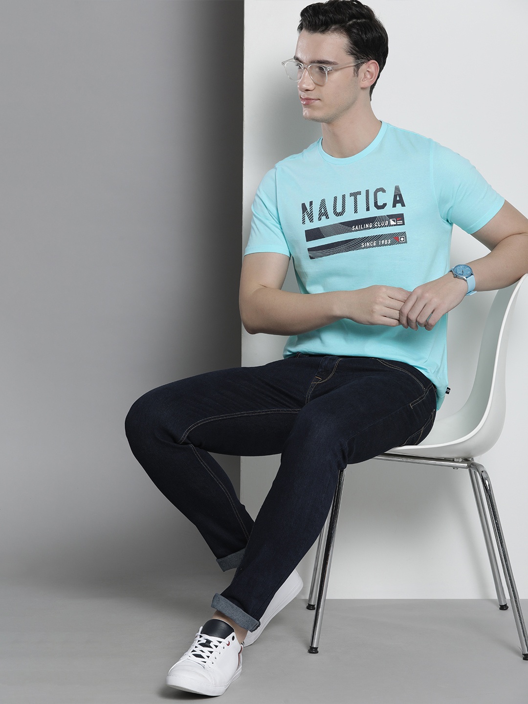 

Nautica Men Brand Logo Printed Pure Cotton T-shirt, Blue