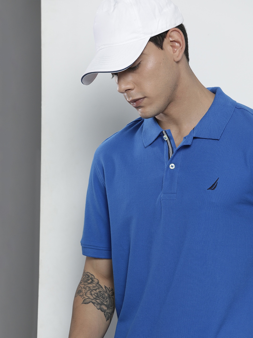 

Nautica Men Blue Solid Polo Collar Pure Cotton Slim Fit T-shirt