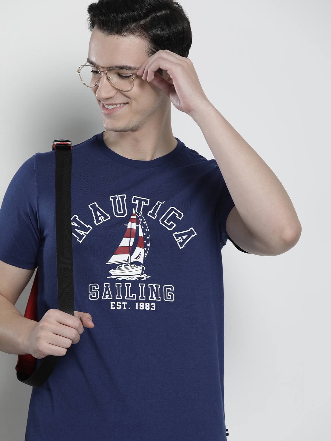 

Nautica Men Brand Logo Printed Pure Cotton T-shirt, Navy blue