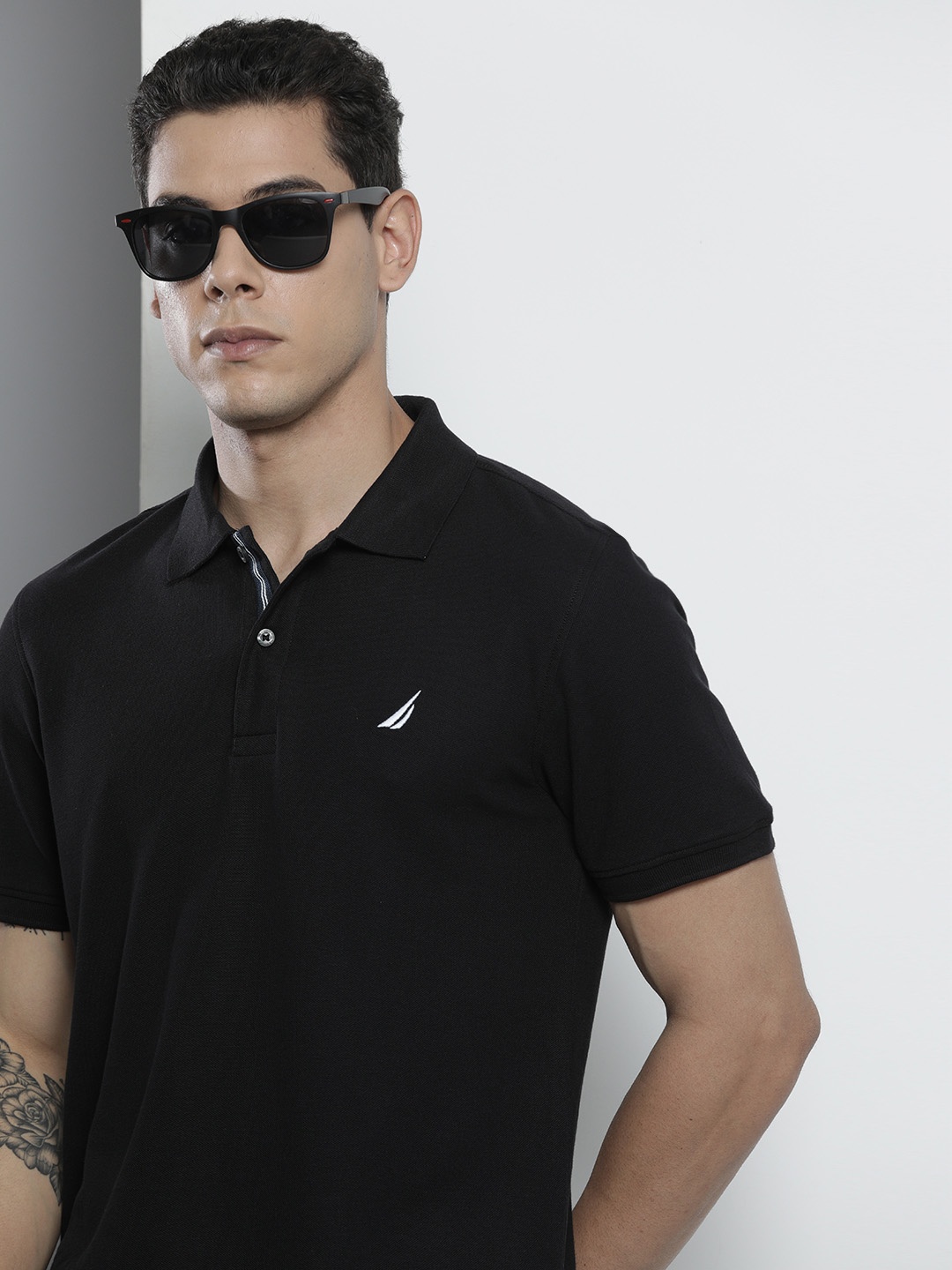 

Nautica Men Black Solid Polo Collar Embroidered Pure Cotton Slim Fit T-shirt