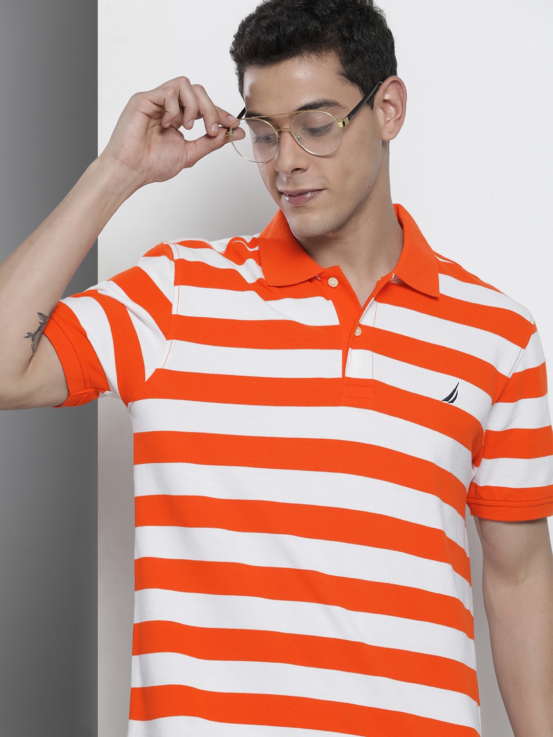 

Nautica Men Orange & White Block Stripes Polo Collar Pure Cotton Slim Fit T-shirt