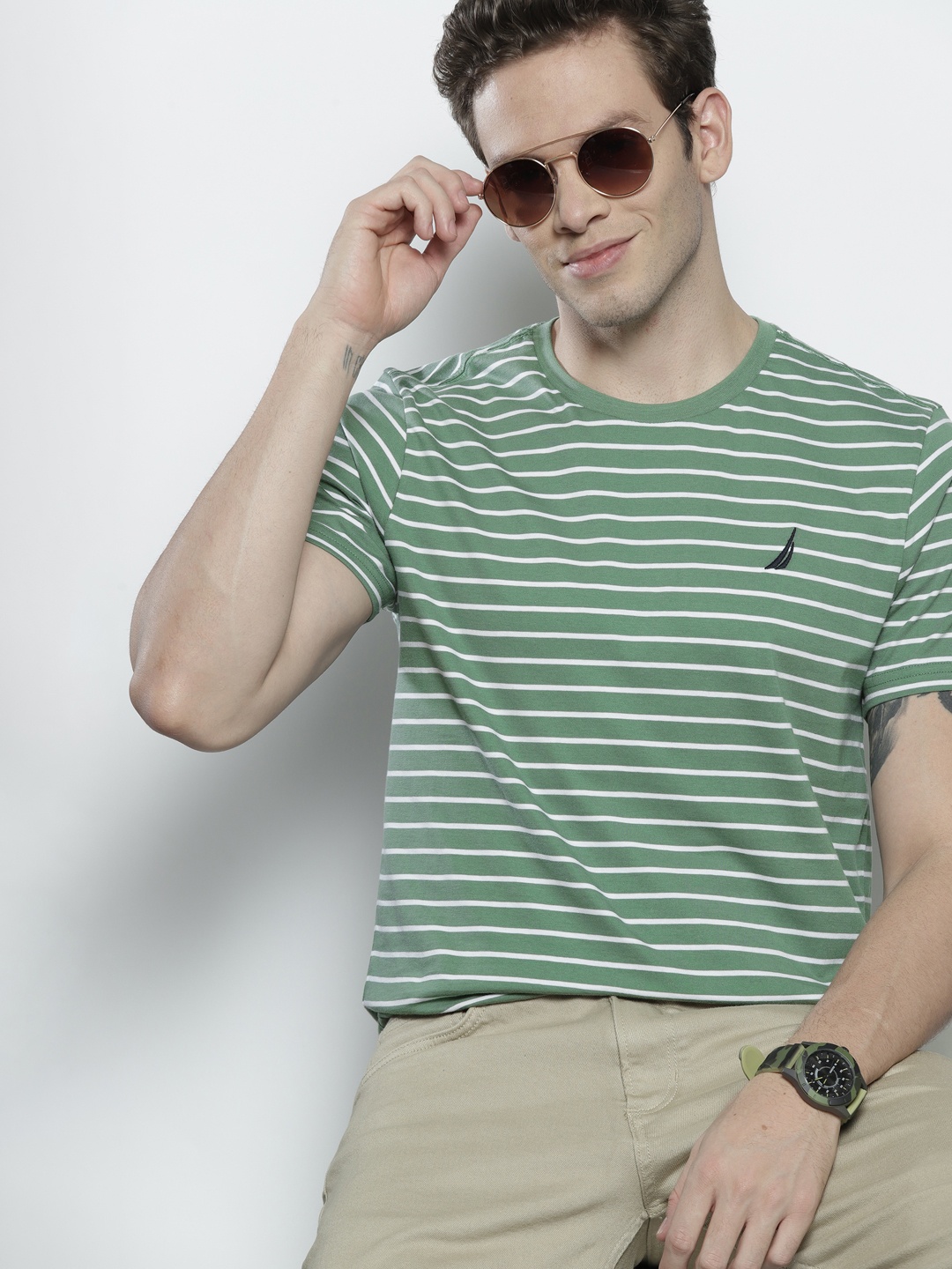 

Nautica Men Green & White Striped Slim Fit Pure Cotton T-shirt