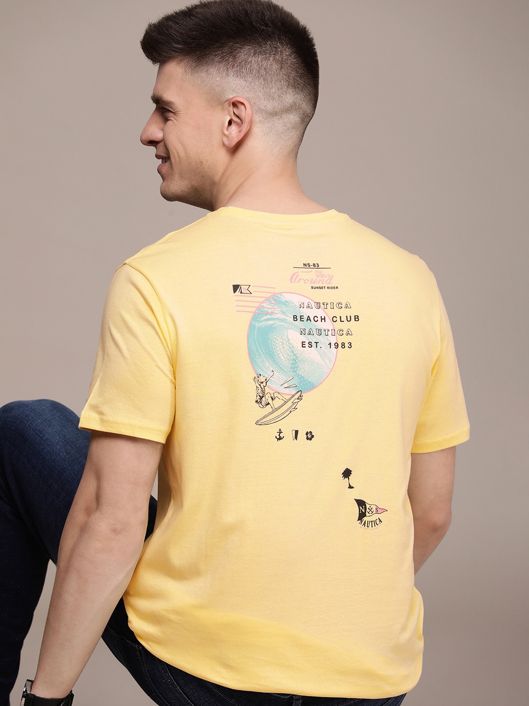 

Nautica Men Brand Logo Back Print Round Neck Pure Cotton T-shirt, Yellow