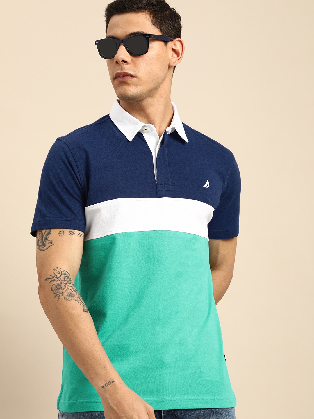 

Nautica Men Blue & Sea Green Colourblocked Polo Collar Pure Cotton T-shirt