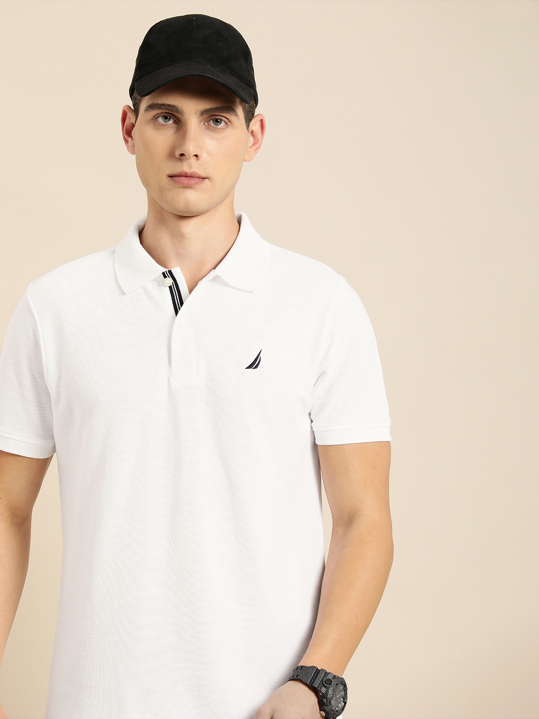 

Nautica Men White Solid Polo Collar Pure Cotton Slim Fit T-shirt