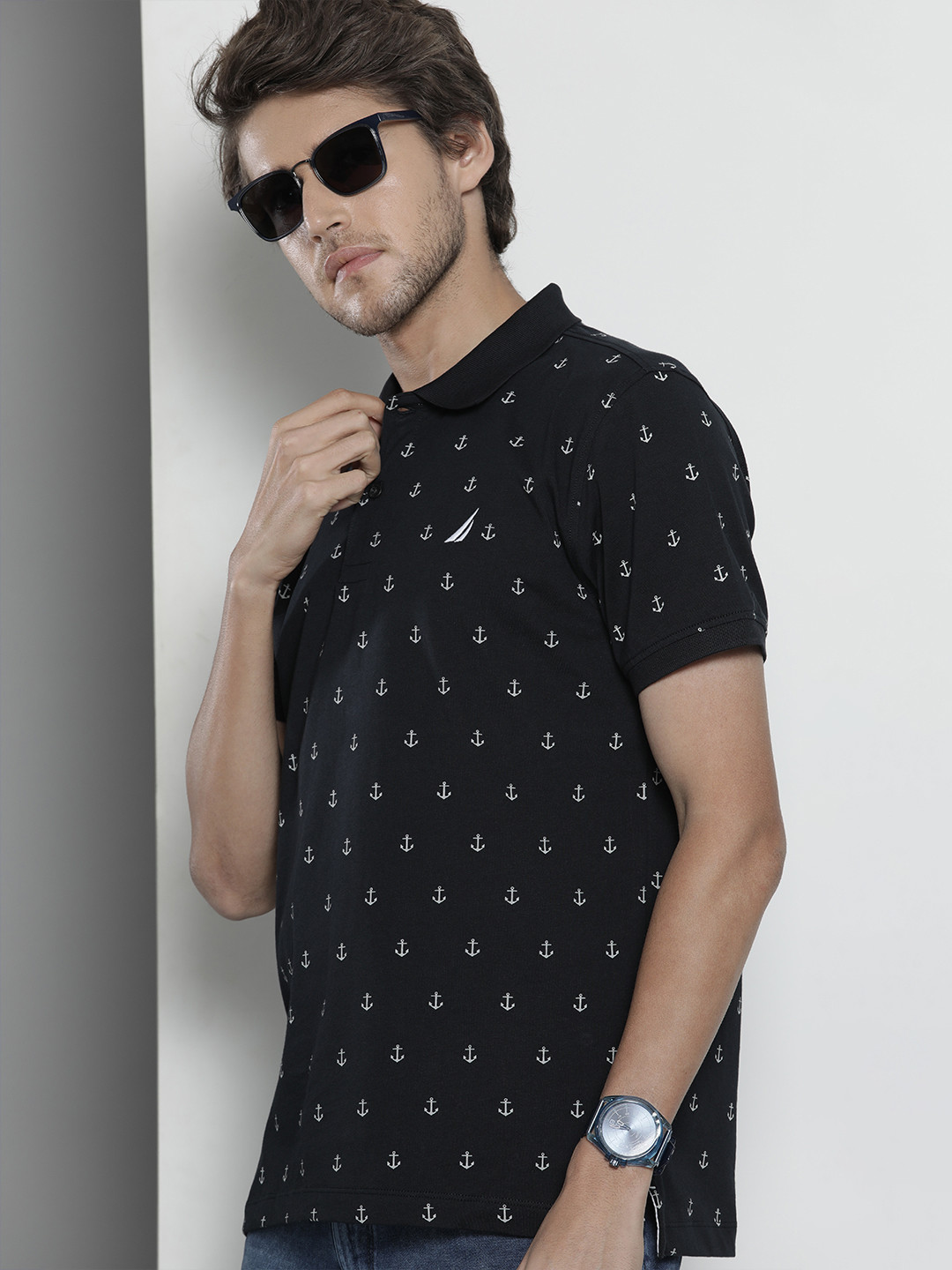 

Nautica Men Navy Blue & White Conversational Printed Polo Collar Pure Cotton T-shirt