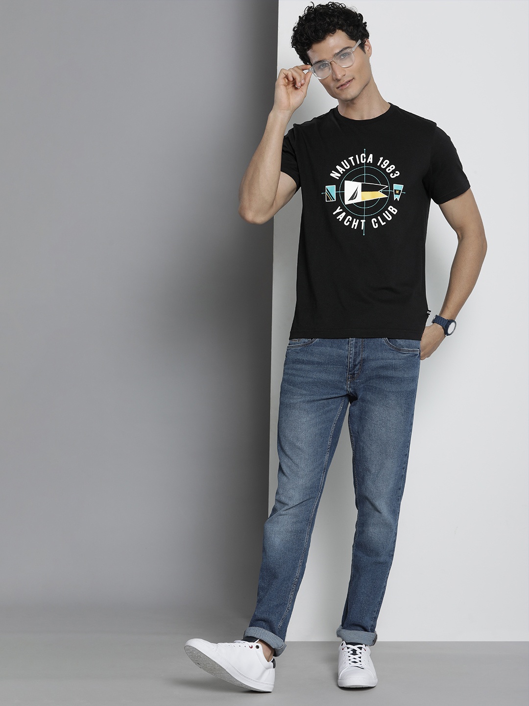 

Nautica Men Black Brand Logo Printed Pure Cotton T-shirt