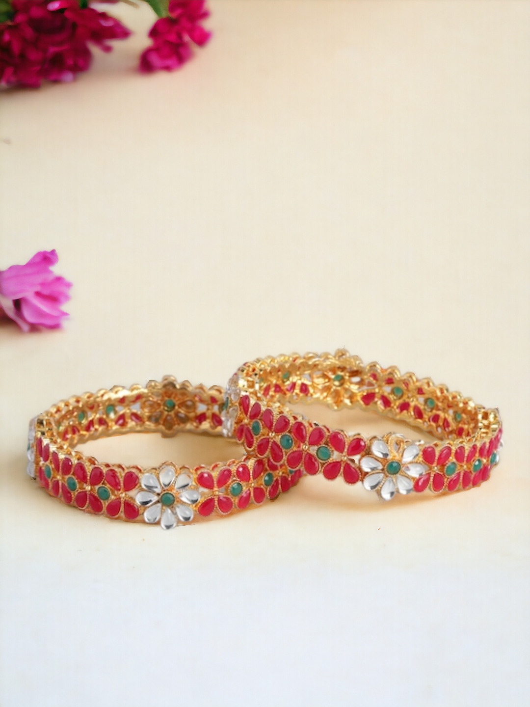 

AccessHer Pink 22kt Gold-Plated Set of 2 Studded Sustainable Handcrafted Bangles