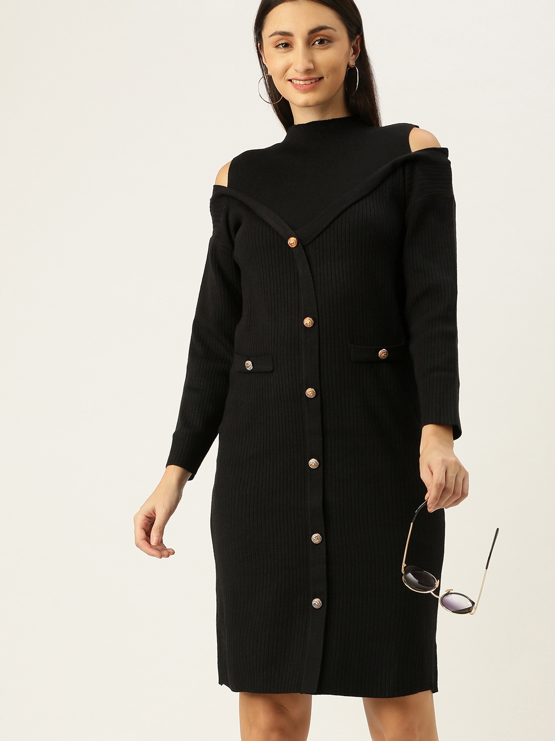 

iki chic Black Woollen Knitted Midi Sheath Dress