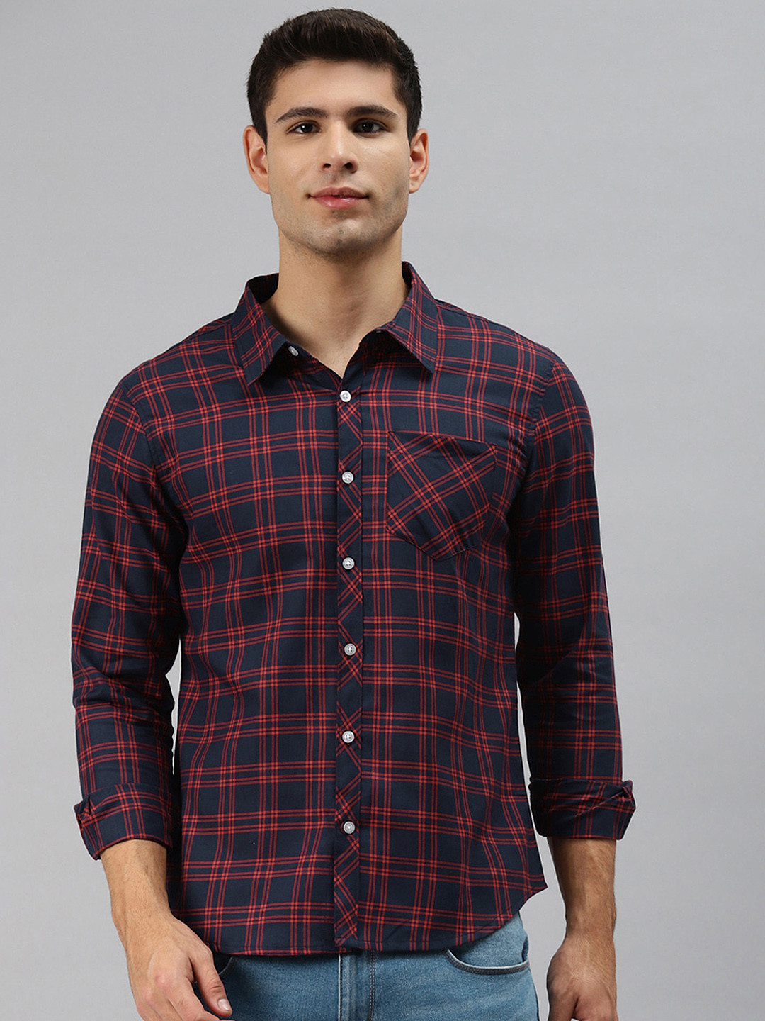 

Hubberholme Men Blue & Orange Opaque Checked Casual Shirt