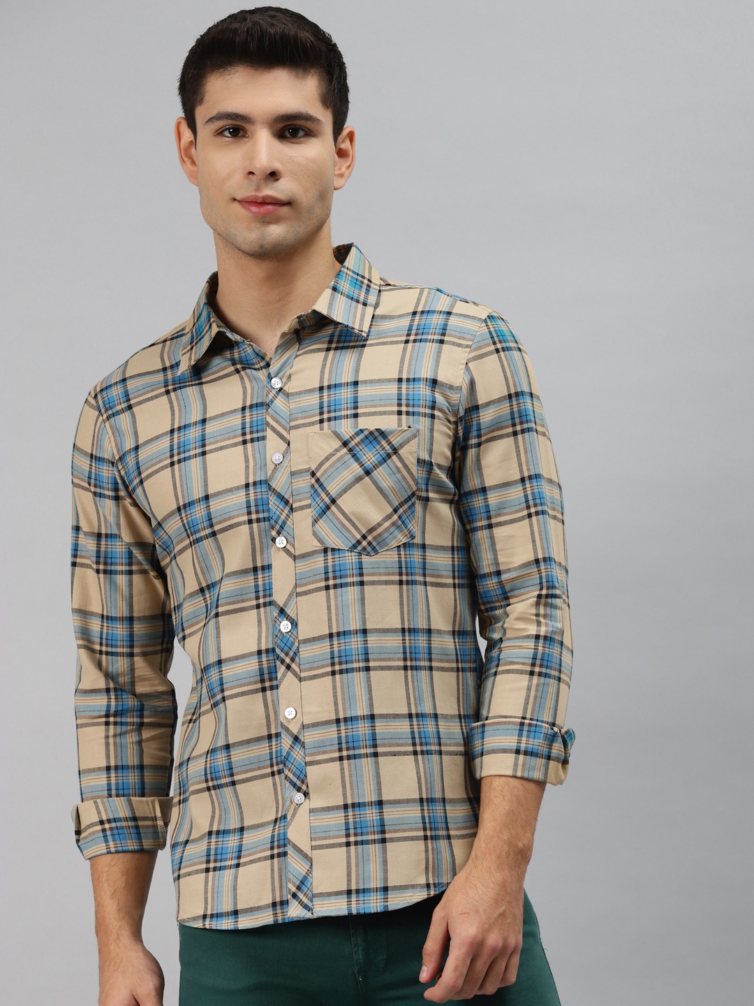 

Hubberholme Men Beige Tartan Checks Pure Cotton Checked Casual Shirt