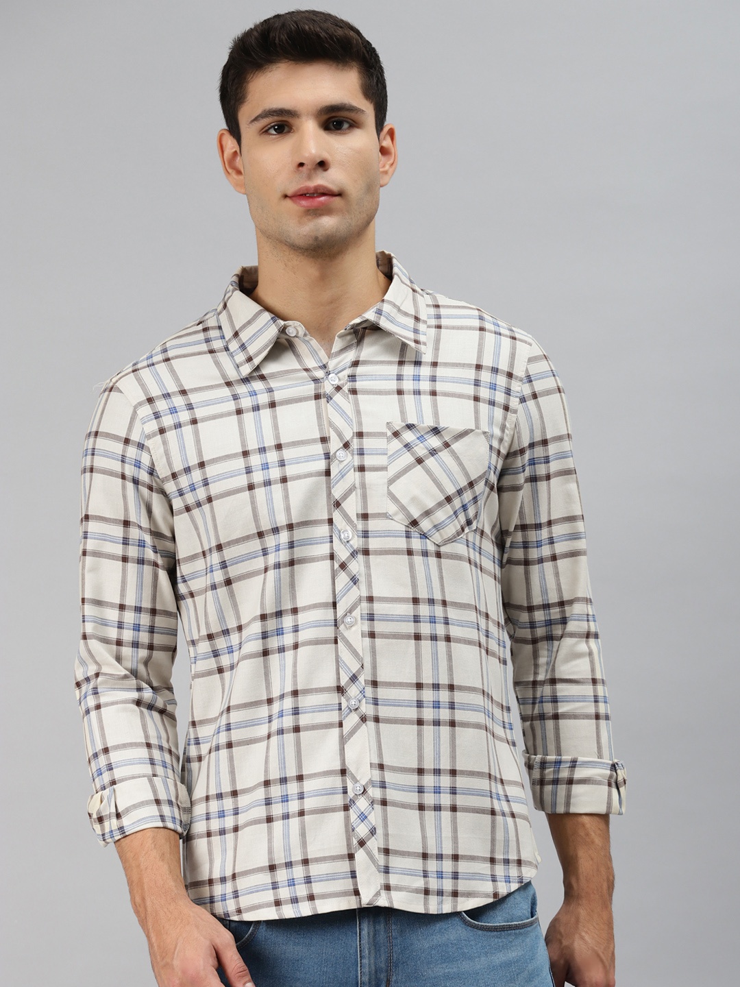 

Hubberholme Men Cream-Coloured Opaque Checked Casual Shirt