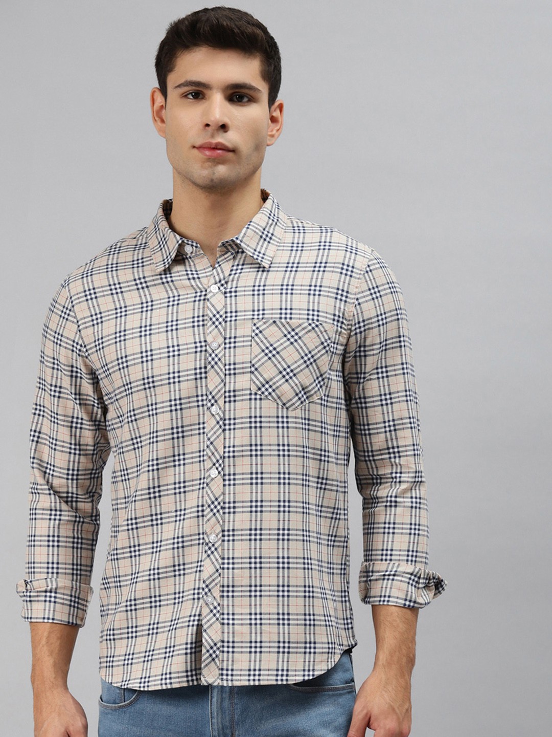 

Hubberholme Men Cream-Coloured Opaque Checked Casual Shirt