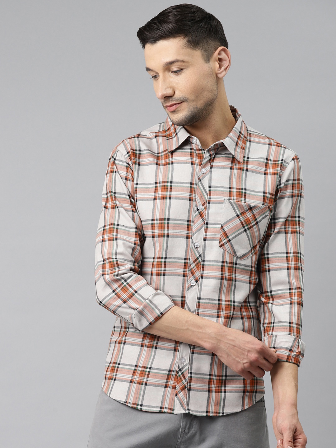 

Hubberholme Men Orange & Off White Opaque Checked Casual Shirt, Coffee brown