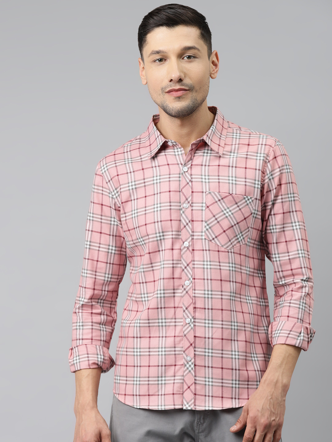 

Hubberholme Men Pink Tartan Checks Pure Cotton Checked Casual Shirt