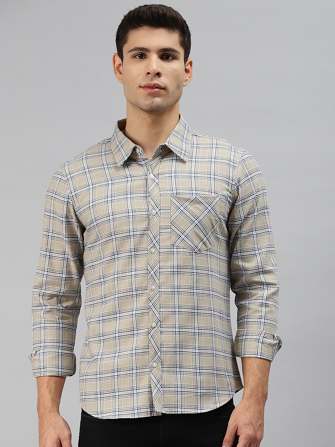 

Hubberholme Men Beige & Black Opaque Checked Casual Shirt